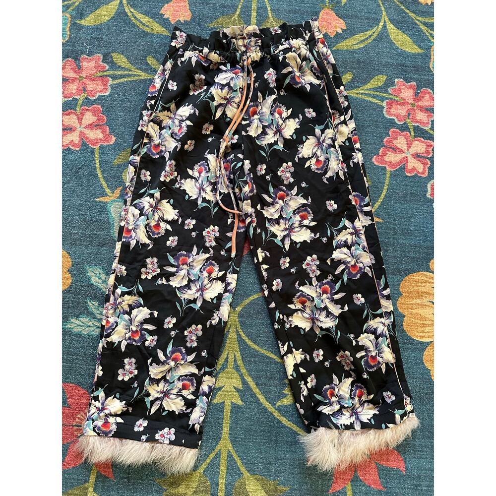 NWT Zara Floral Satin Feather Trim Pants Size Medium - Picture 2 of 6